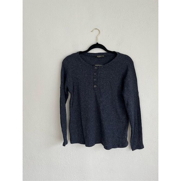 CCK Style Woman Dark Blue Ribbed Henley Button Sweater, Size Small - Picture 2 of 7